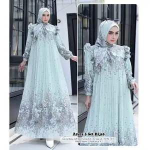 Set Hijab Segi4 Azura Gamis Muslim Dress Bunga Ceruty Elegan Wanita XL-XXXL - Syari, Lebaran Nyaman Mewah