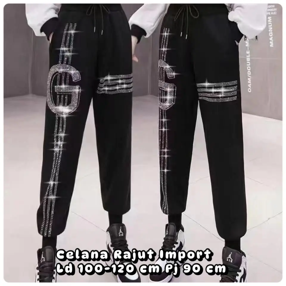 Celana Joger  Wanita Rajut dan Bludru Blink Manik Tebal