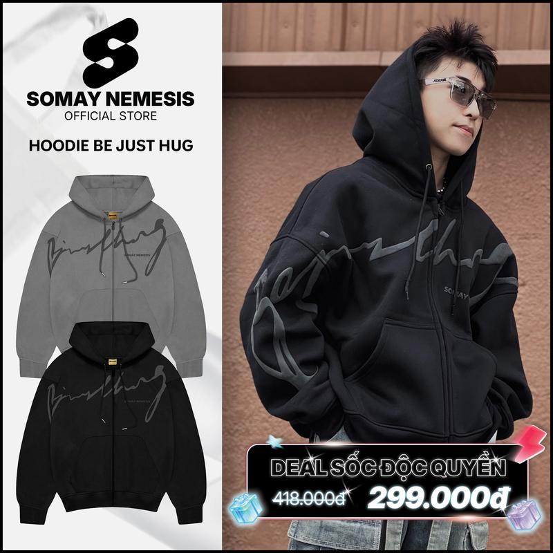 Áo khoác hoodie zip dây kéo 2 đầu chất nỉ bông dày dặn nam nữ mặc cặp đôi local brand form rộng boxy mũ to chống nắng unisex hoạ tiết dập nổi xám và đen SOMAY NEMESIS