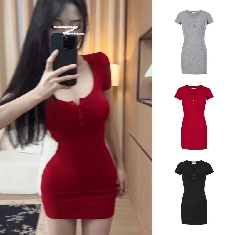 Váy Đáy Hình Thin, MOSESQUEEN, dành cho phụ nữ, Nóng bỏng và dễ thương, Thiết kế eo quyến rũ, có nút, Tay áo dài, Váy ngắn, Phong cách mới, Gợi cảm và dễ thương, Phong cách Bottom, # 62902