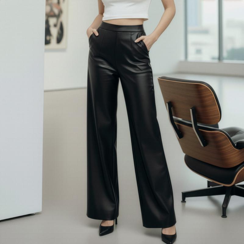  dambody  Q03  Quần Da Dáng Suông Cạp Cao Chất Da Mềm Cao Cấp – Sang Trọng Cá Tính Dễ Phối 