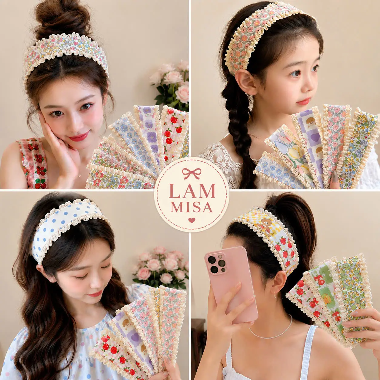 COMBO 3 cái Băng Đô Cài Tóc Nơ Hàn Quốc, Băng Đô Họa Tiết Dán Phồng Chân Tóc Tạo Kiểu Nhanh Gọn Lam Misa