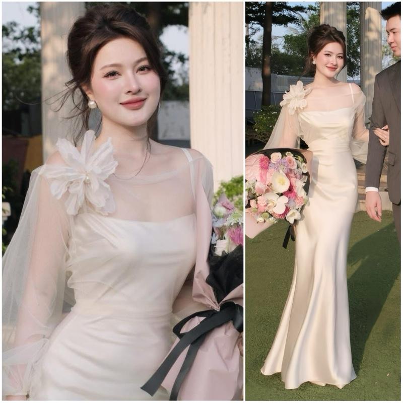 Dài 135cm Y40A Đầm lụa Tô Châu dáng dài đuôi cá phối choàng lưới - cô dâu đi bàn chụp ảnh cưới - Akara closet