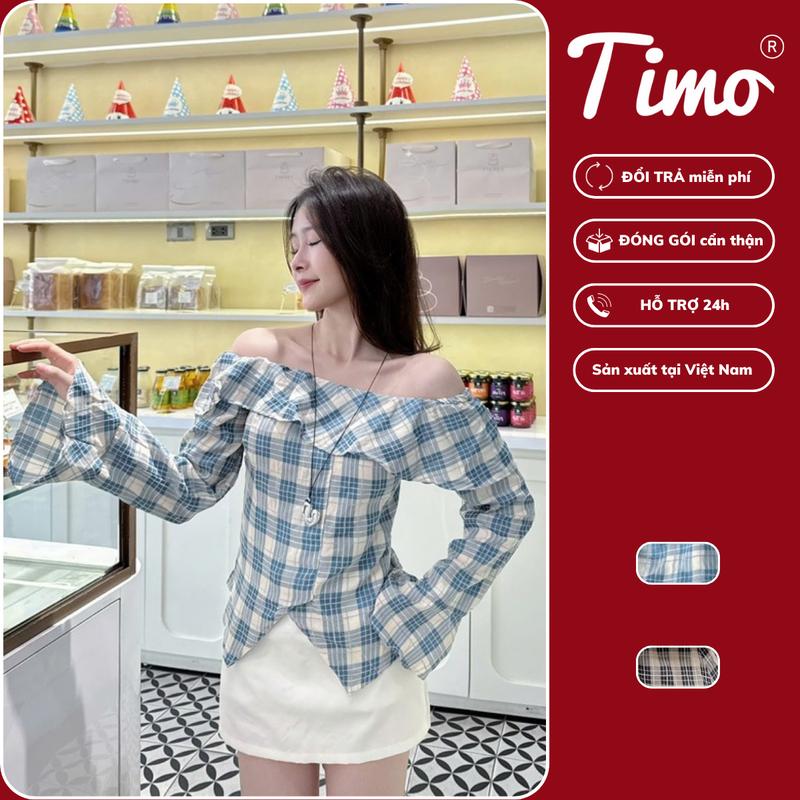 HOT TREND 2025 Áo trễ vai dài tay Áo trễ vai caro nữ dáng ôm nhẹ tay xòe phong cách Hàn – Áo kiểu tiểu thư nhẹ nhàng AOT036