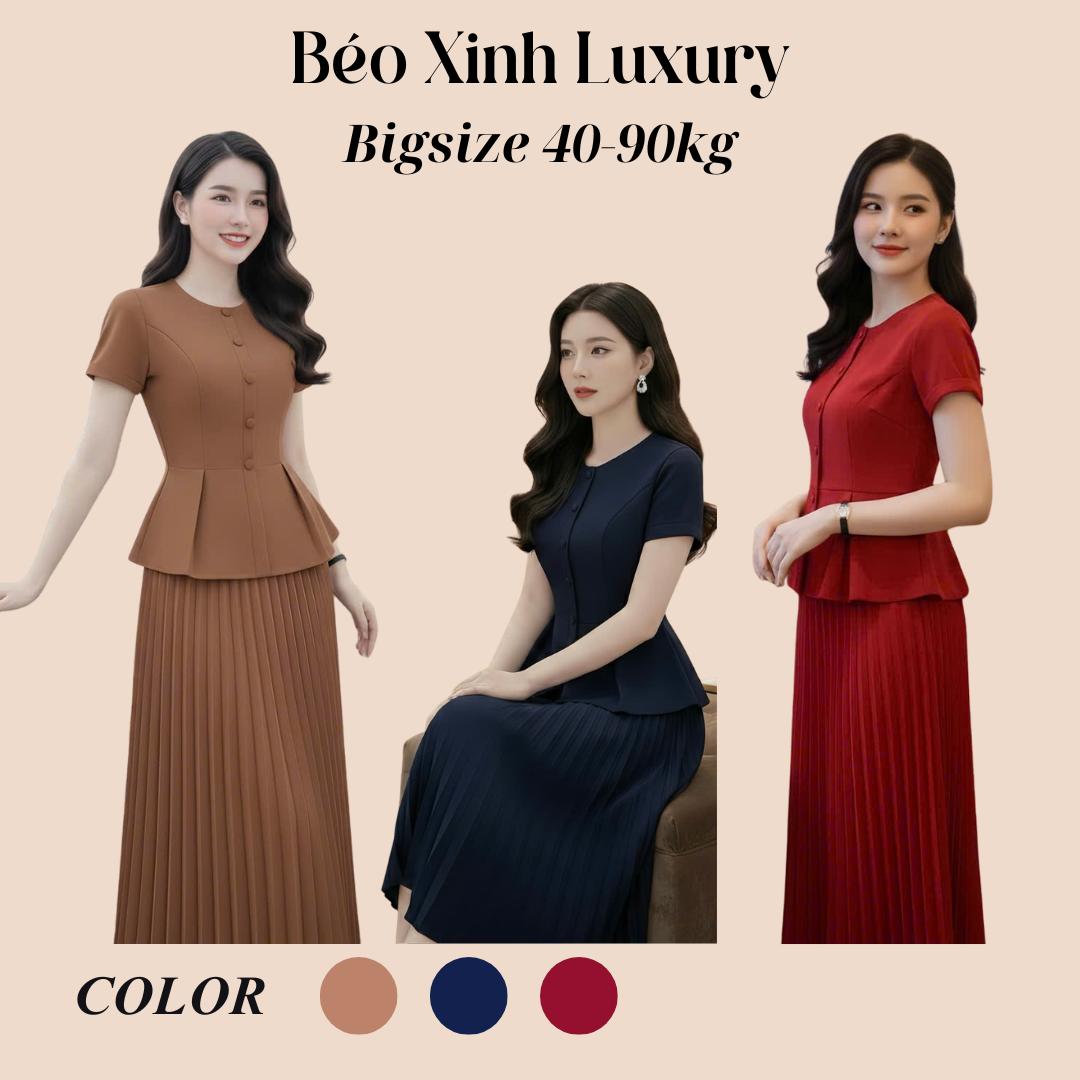 Set Váy Công Sở Thiết Kế Cổ Tròn Phối Xếp Ly Tiểu Thư (Vải Tuyết Mưa) Dày Dặn Cao Cấp Thanh Lịch Cho Các Nàng Bigsize 40–90kg Thời Trang Nữ Béo Xinh Shop - A.1734