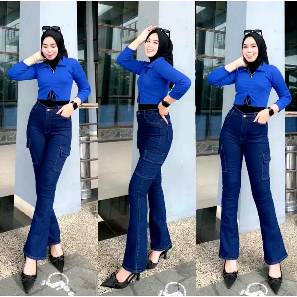 Celana jeans Panjang Wanita Cutbray Cargo Highwaist loose Stretch Melar Nyaman