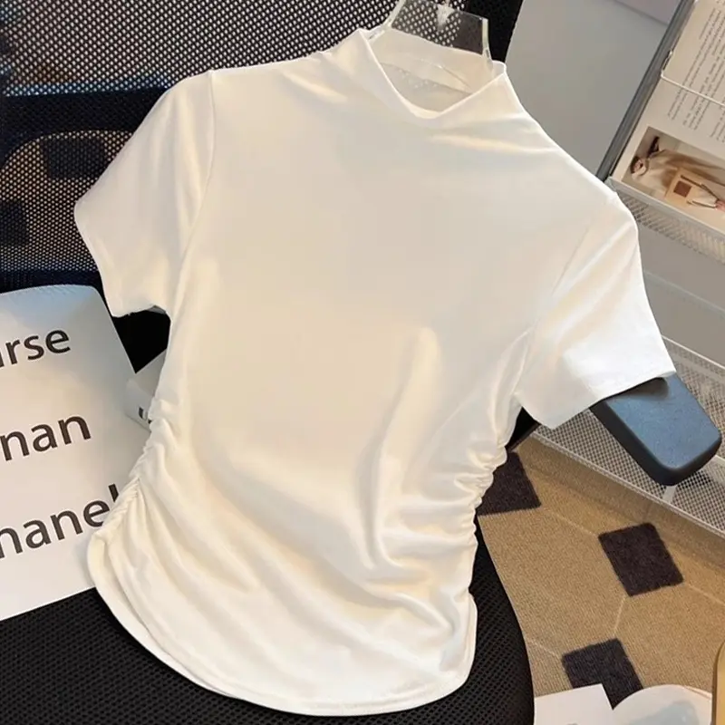 T-shirt crop top polos/T-shirt ribbed kualitas tinggi/T-shirt wanita ala Korea/Kaos turtleneck kurus/atasan kaos wanita (realpict)