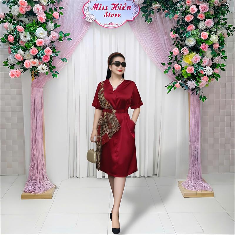  Đầm váy suông 300091 cổ tim lụa tô châu phối vạt chéo vai họa tiết cao cấp kèm dây xích beo eo thoáng mát sang trọng! 