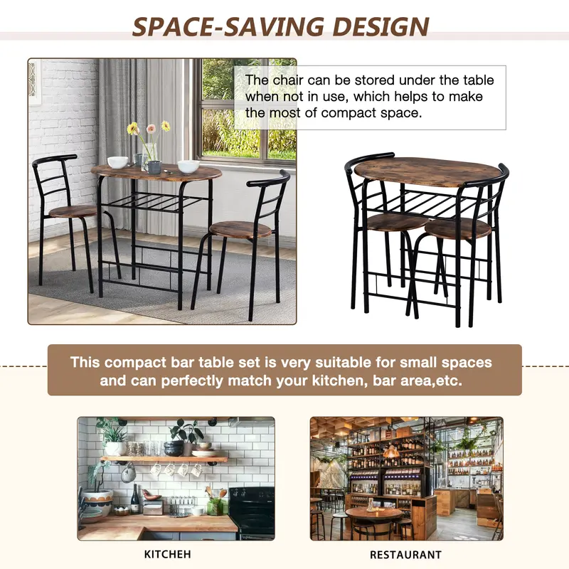 Dining Table & Chairs Set, 1 Table 2 Chairs Kitchen and Dining Room Furniture Kitchen Table Metal Frame Table for Small Space, Apartment 2