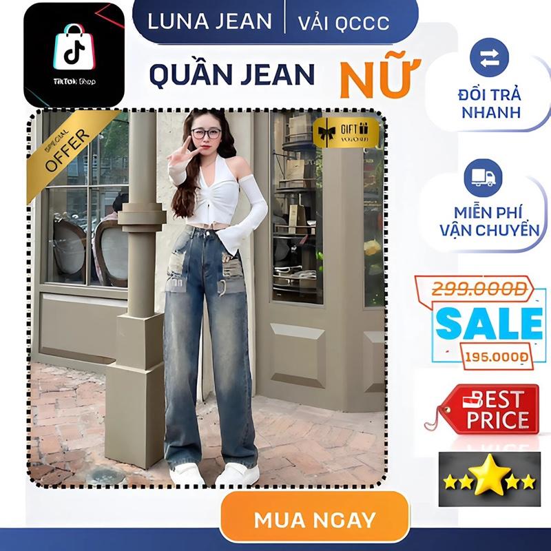 [ LN9568 1m46-1m66  2 màu ] Jeans Suông Vải QCCC Lưng Cao 37-57kg 2 Tông  Màu ( Xanh Nhạt Bạc - Bụi Retro Vàng)  Phối Hở Túi Thêu Chữ. Quần Jeans Nữ Che Khuyết Điểm Quần Jean  Meénwea