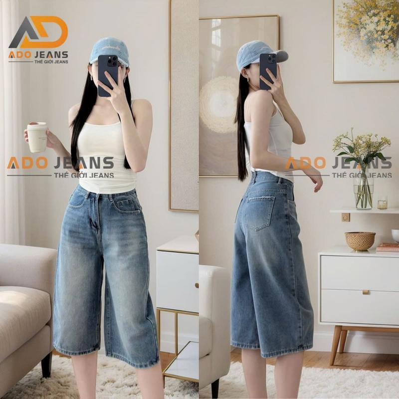 Quần short jean lửng, lưng cao ống rộng form dài qua gối (S36)