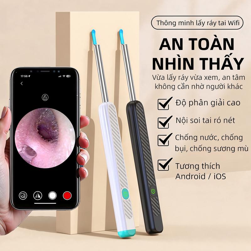 KAKIMI Dụng Cụ Lấy Ráy Tai Thông Minh Có Camera HD 1296P Kết Nối WiFi Quan Sát Tai Loại Bỏ Ráy Tai Đèn LED 6 Trục Không Dây Tai Soi Otoscope Sạc Type-C Chuẩn Chống Nước IPX5 Kèm 6 Đầu Silicone Tương Thích iPhone Android & iPad