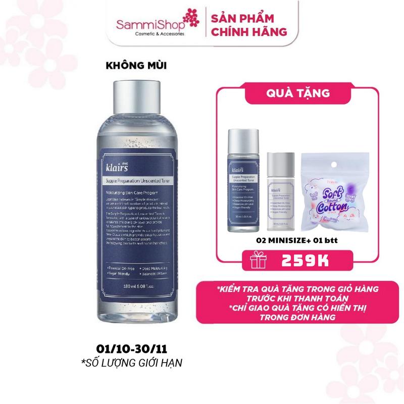 [DEAL ĐỘC QUYỀN] Dear, Klairs nước hoa hồng Supple Preparation Unscented Toner 180mL