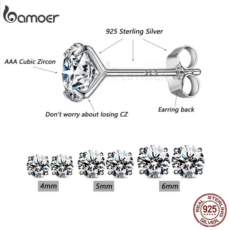 bamoer 3 Pairs Stud Earrings Set 925 Sterling Si er Stone CZ Minimalist Dazzling Fashion Earrings 4mm 5mm 6mm Diameter BSE166