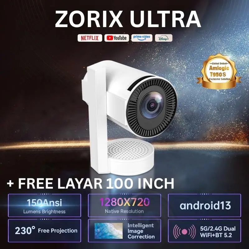 Zorix Ultra Smart Projector Android 13 Proyektor Portable WiFi 6 Home Theater