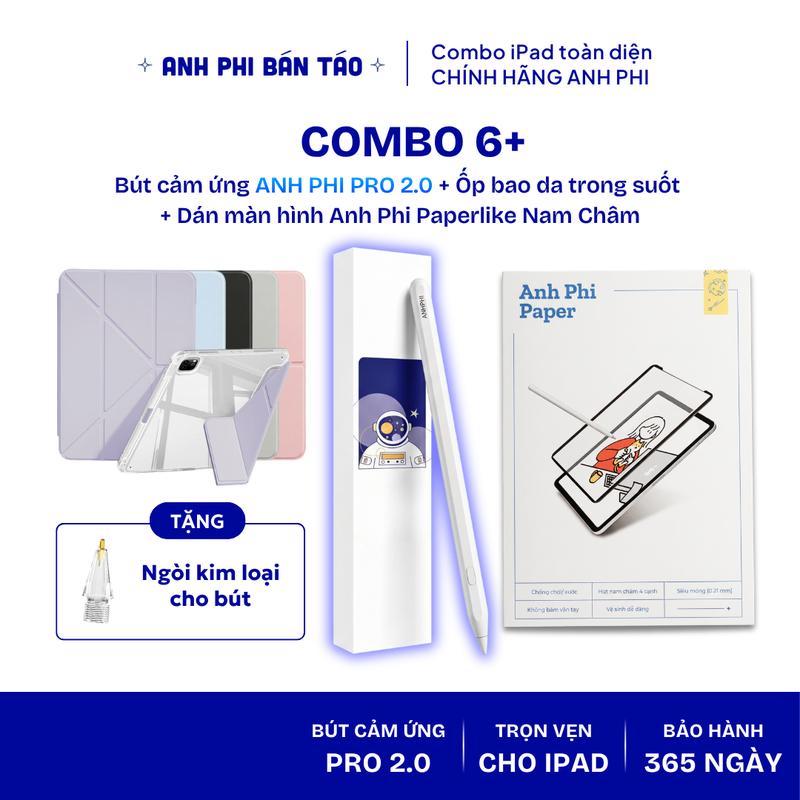 Combo Ốp Bao Da Trong Suốt + Anh Phi Paperlike nam châm và Bút Anh Phi Pencil Pro - Combo 6+