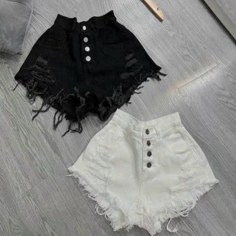 MS802 Quần short jean nữ phối nút cài rách tua tua. Quần 4 nút quan soo ngố