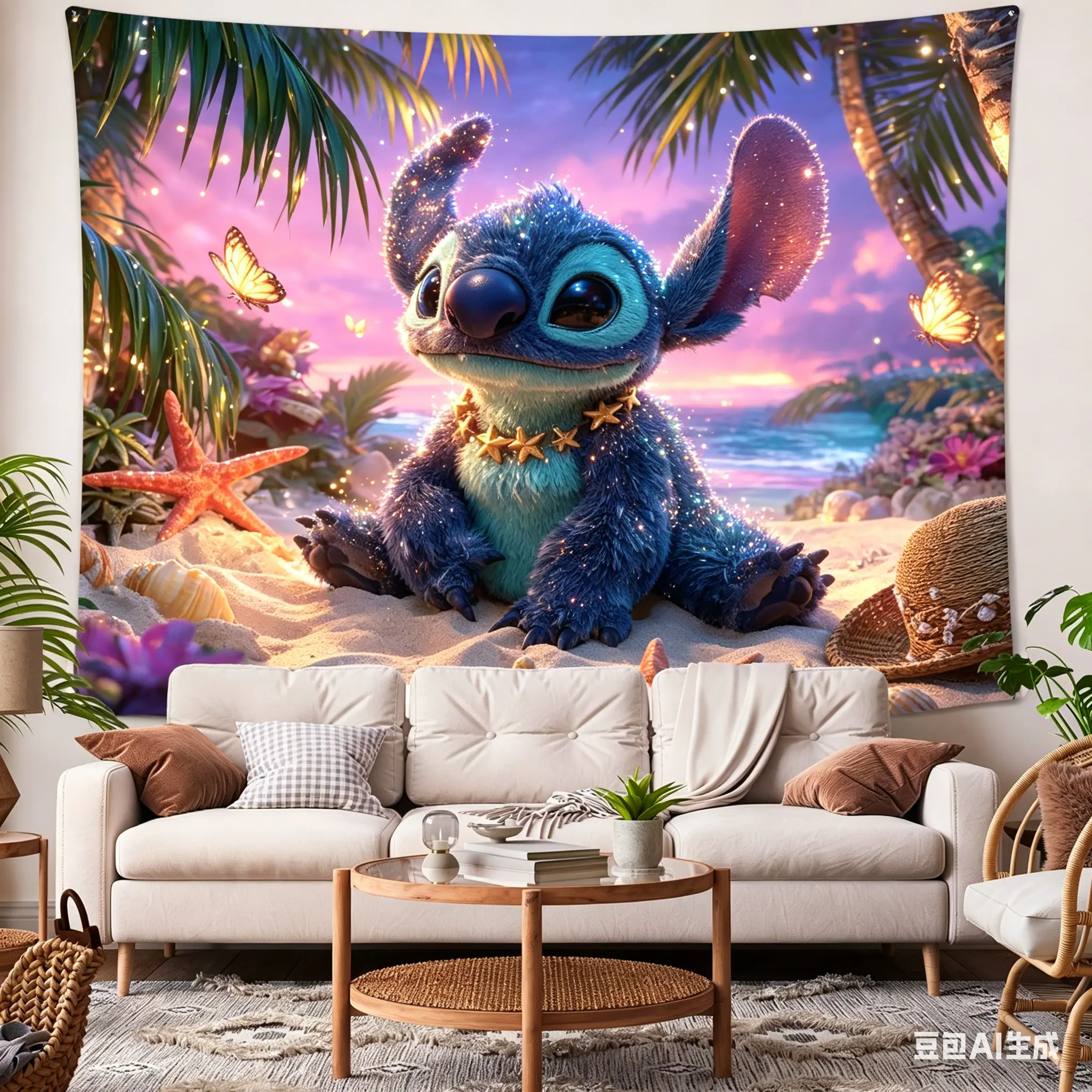 Kain Gantung Digital Stitch Lucu Kartun, Hiasan Kamar & Ulang Tahun Anak