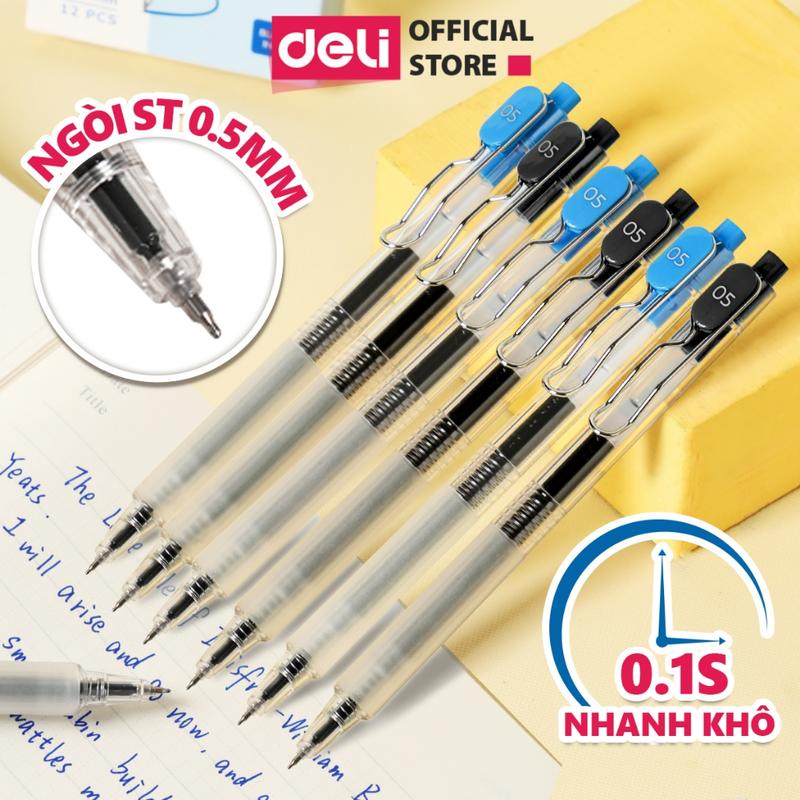Bút gel bấm khô nhanh Deli EG299 - Bút bi nước mực đều viết đẹp khô nhanh Ngòi ST 0.5mm có nắp cài dành cho học sinh văn phòng