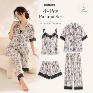 UNINICE Korean Style Ice Silk Pajama Set | 4-Piece Plaid Homewear Fits 40-80kg