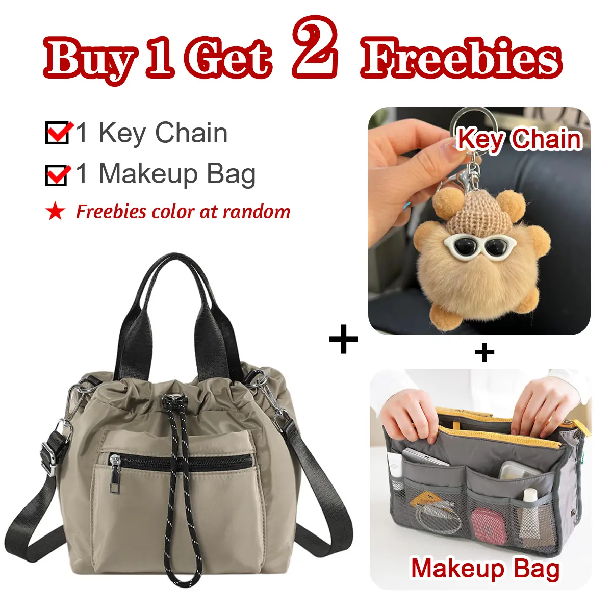 519 Buy 1 Get 2 Freebies (1 key chain+1 makeup bag) New Bags Leisure Bucket Bag Textured Waterproof Nylon Drawstring All-Match Casual Shoulder Portable Messenger Bag Women's Bag