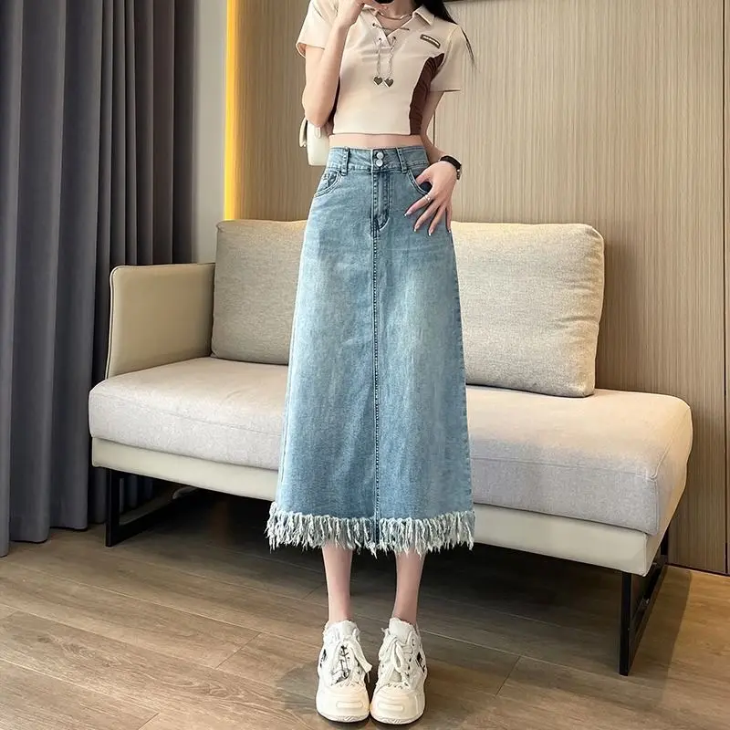 HAZO Korean Style Slit Rok Denim Panjang Wanita High Waist A-line Skirt Rok retro high-waisted raw edge Linen