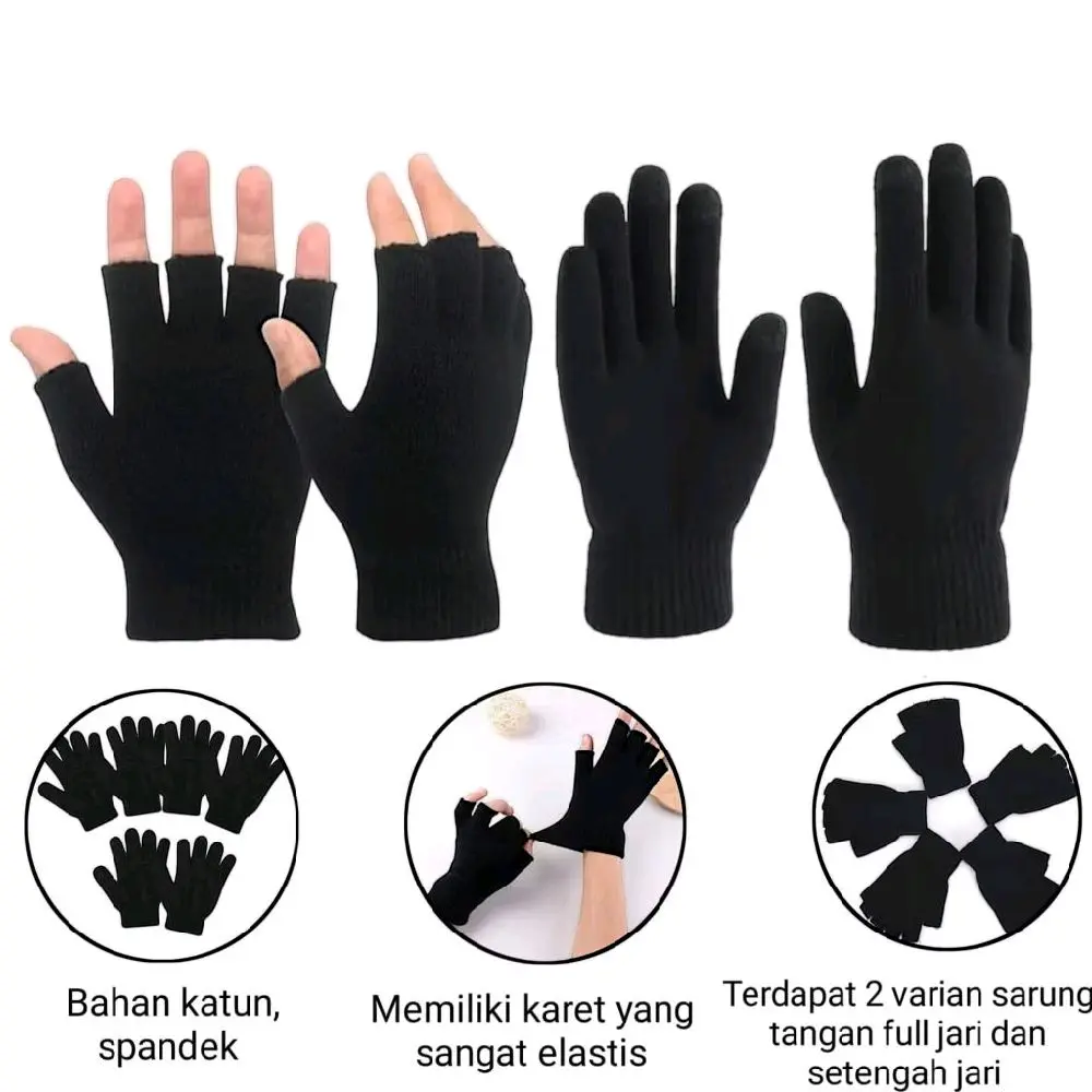 12 PASANG/SELUSIN SARUNG TANGAN (RAJUT) HITAM SETENGAH JARI & FULL JARI DEWASA Gloves