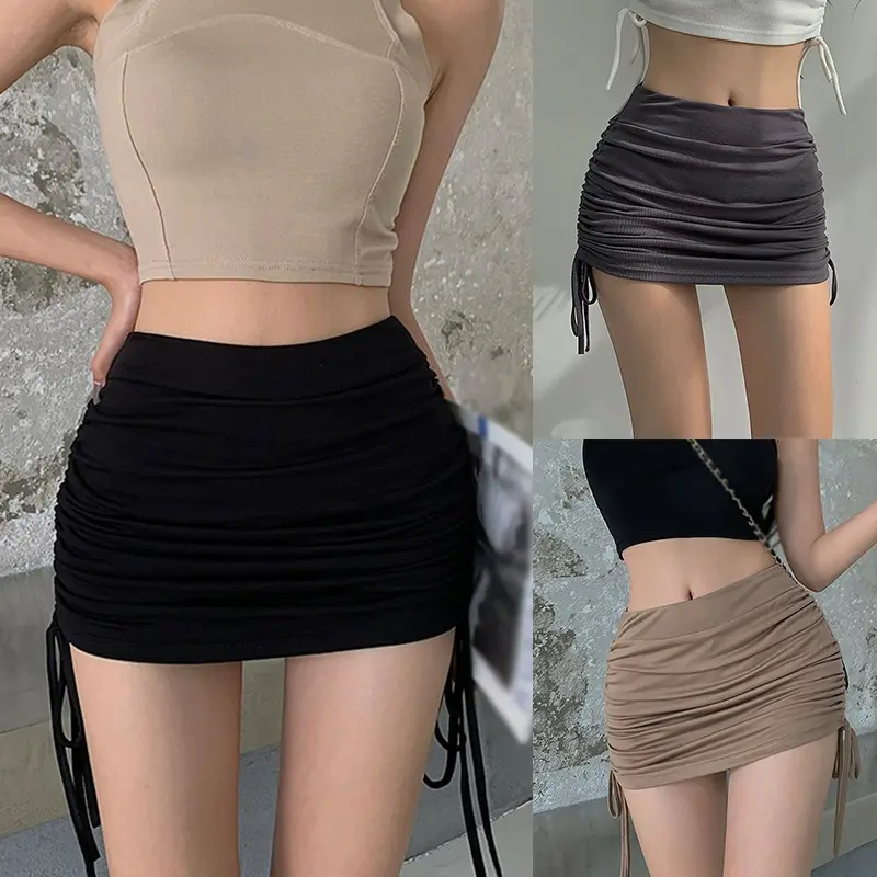 Women's high-waisted drawstring skirt summer hip skirt Korean solid color simple mini skirt