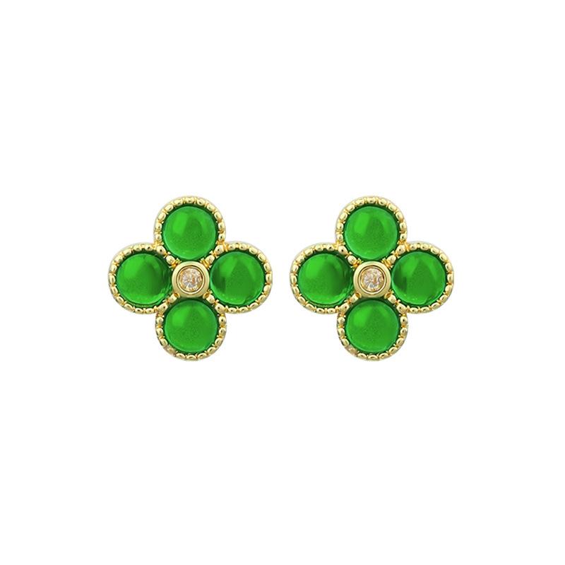 925 Silver Pin Gold-Plated Imitation Jadeite Vintage Light Luxury Lucky Four-Leaf Clover Bead Stud Earrings, Fashionable Ear Jewelry 1