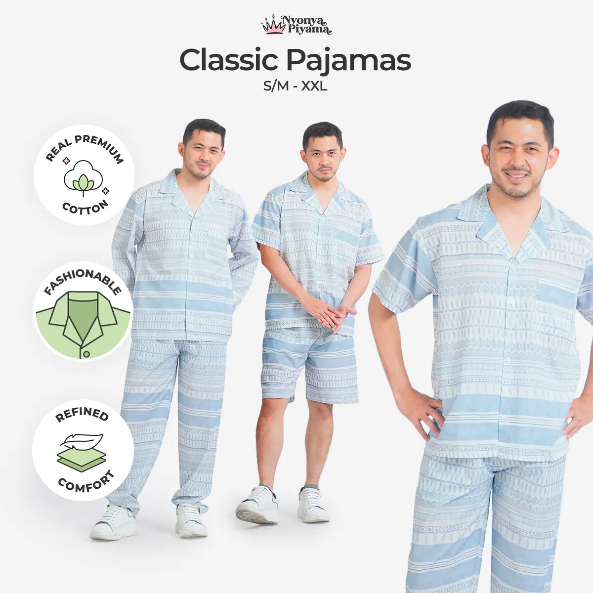 Nyonya Piyama Classic Pajamas Katun Pria Set - Coast