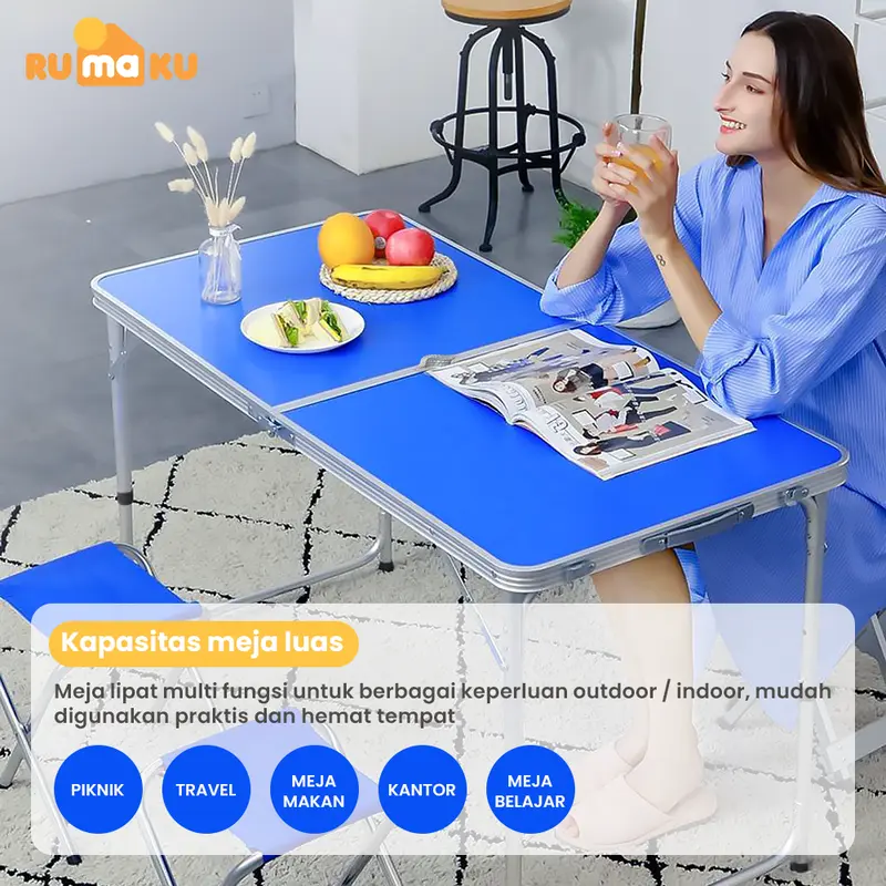 RUMAKU Meja Jualan Lipat Portable Serbaguna Lubang Tengah Payung Tenda Outdoor Camping Free 2 Kursi 3