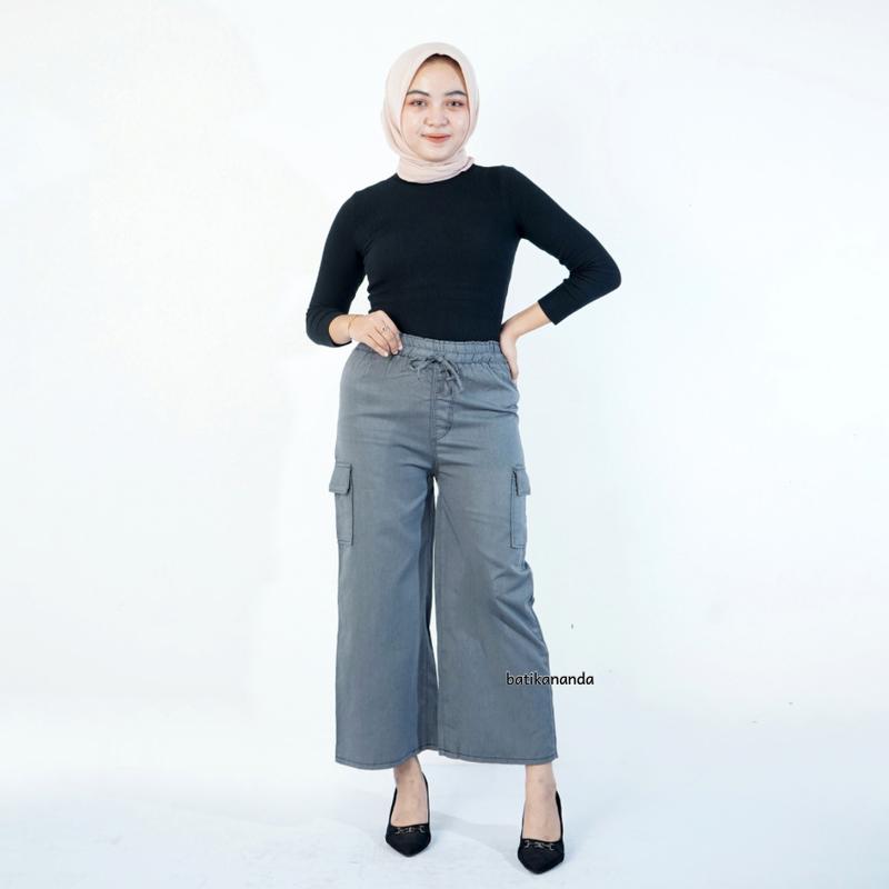 Celana Kulot Cargo Jeans // Celana Cargo wanita Jeans Panjang Harga Grosiran Hitam Karet Loose Cewek 1