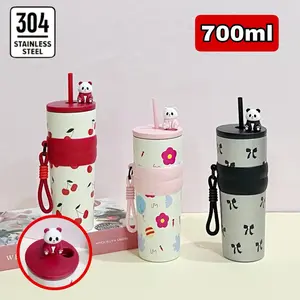 Tumbler 700ml Mug Stainless Steel / Gelas Minum Sedotan / Hot & Cold Mug Panda With Straw Lid