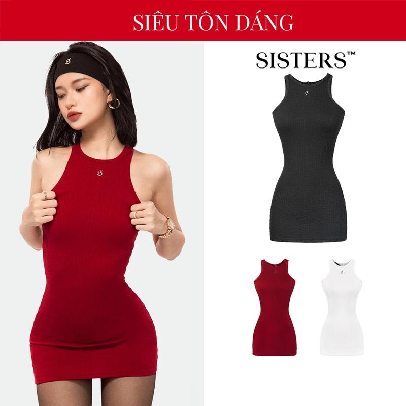  Váy body ngắn sexy cổ yếm nữ SISTERS ôm sát tôn dáng màu đen đỏ trắng thun đan len Selena SIS-CLUB | SISTERS MALL-SS4-D2 