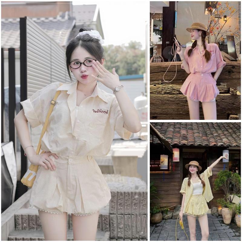 [ Xả Kho ] Sét Bộ Áo Sơ Mi  Cộc Tay Cổ Bẻ MiX Chư Thêu  Kèm Chân Váy Bí Bồng Viền Gấu Mix Ren Trẻ Trung Mã 3
