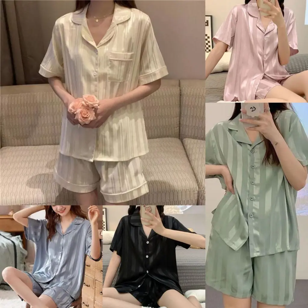 BAJU TIDUR WANITA DEWASA KYARA SHORT SLEEPWEAR PIYAMA SET SATIN SILK SETELAN GARIS WARNA POLOS PAKAIAN TIDUR LENGAN PENDEK CELANA PENDEK FASHION KOREA SETELAN KASUAL