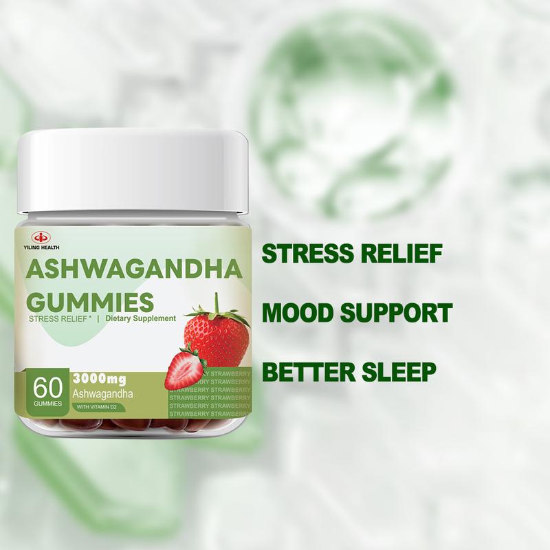 Kẹo cao su Ashwagandha, Yiling, 3000 mg Chiết xuất gốc Ashwagandha có hiệu lực cao, với Vitamin D2, dành cho nam và nữ, Hương vị dâu tây, 60 Đếm (Gói 1) kẹo  dẻo 6