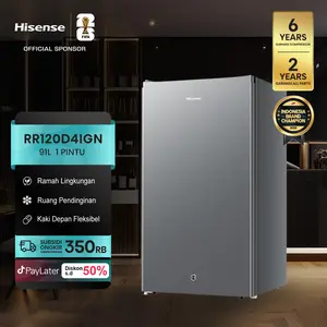 HISENSE-RR120D4IGN-Kulkas Kapasitas 91L-1 Pintu-Ramah Lingkungan-Ruang Pendinginan-Kaki Depan Dapat Disesuaikan-Compact Size-Seperate Chiller-2Liter Rak Muat Botol Ukuran