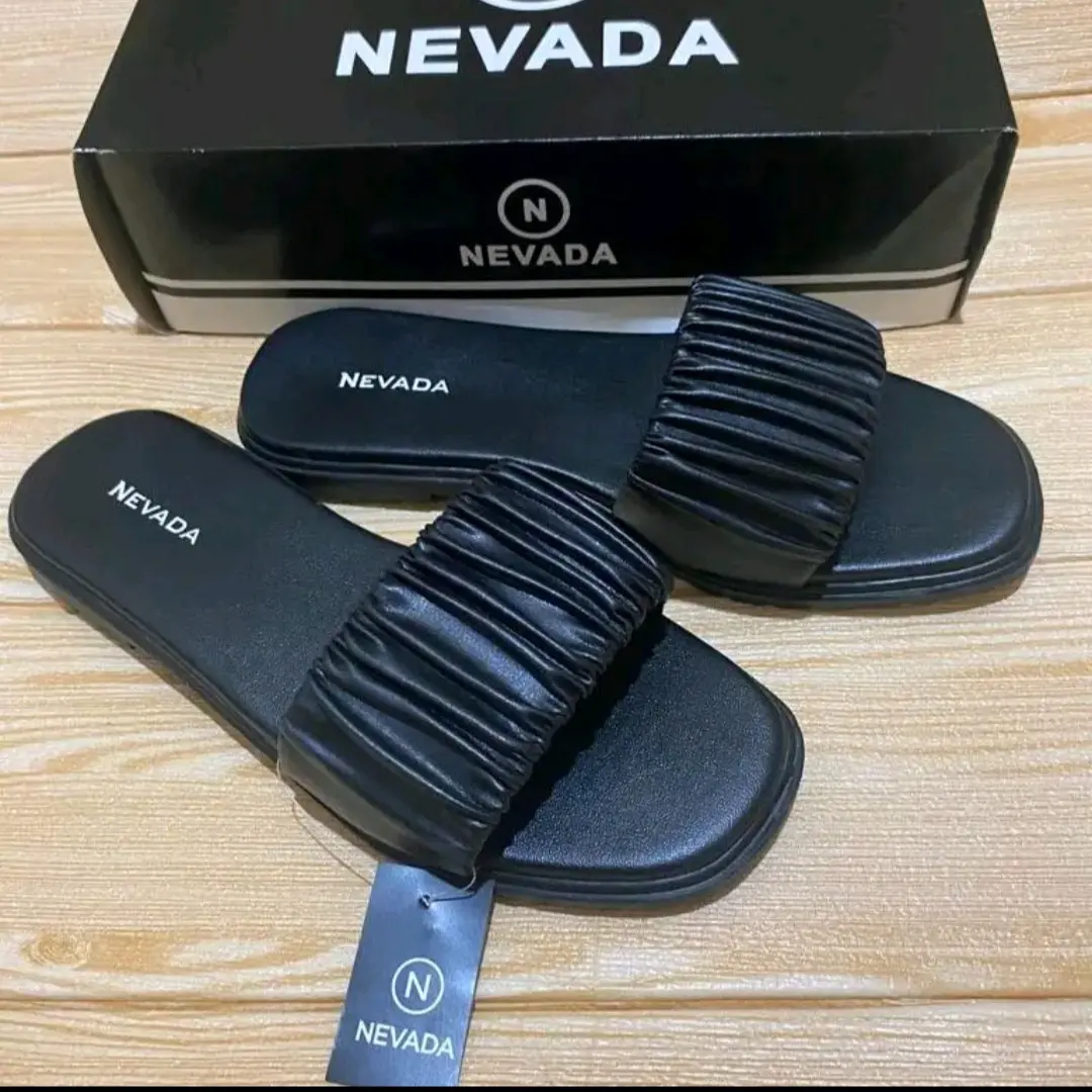 Sandal slop kerut wanita // sandal slop wanita nvd kulit sintesis Non slip model minimalis kekinian-Flat