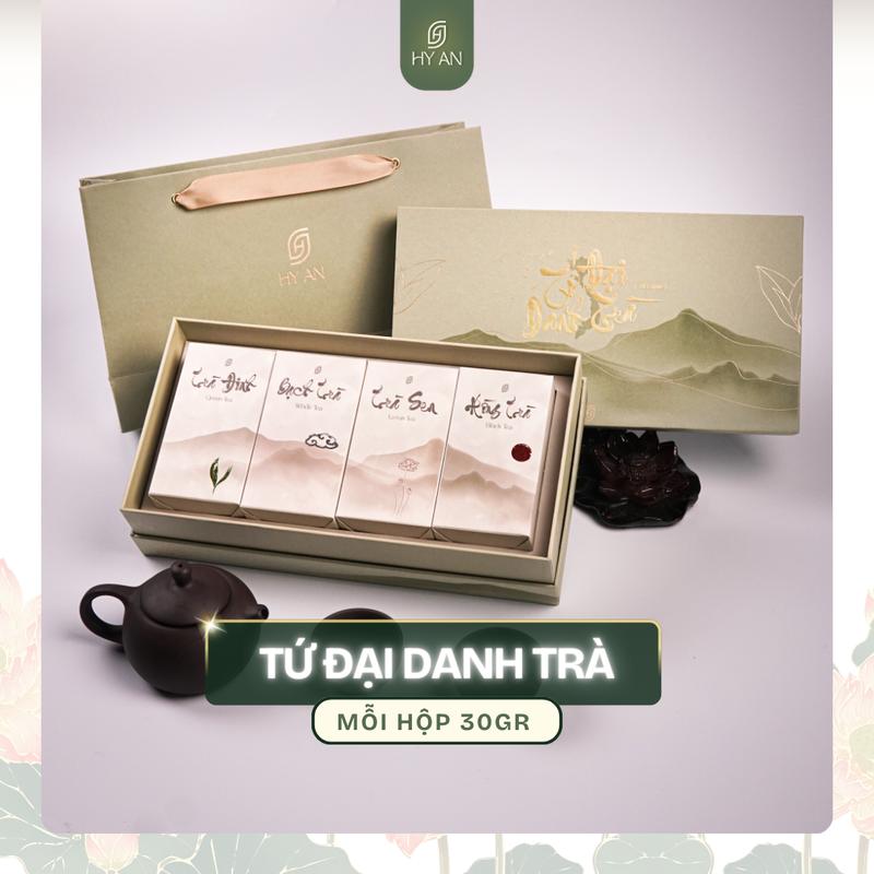   1 Set 4 Hộp  Set Tứ Đại Danh Trà Việt Nam Hy An - Trà Đinh Thái Nguyên Bạch Trà Shan Tuyết Hồng Trà Shan Tuyết Trà Ướp Gạo Sen Tây Hồ Set Quà Biếu Tặng Trung Thu 