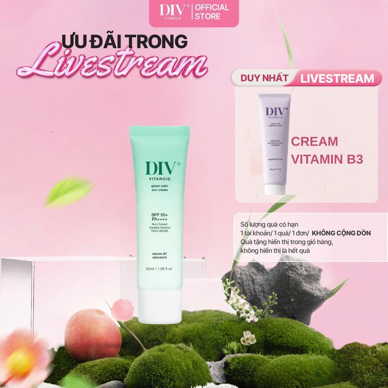   LIVE  Kem Chống Nắng DIV Vitaroid Green Calm Sun Cream Hỗ Trợ Dưỡng Ẩm Làm Dịu Dành Cho Da Nhạy Cảm 50ml 