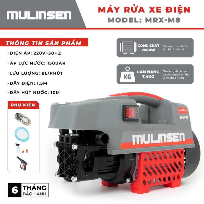 Máy rửa xe điện MULINSEN MRX - M8 , công suất 2600W, lưu lượng 8lít/phút, áp suất 150BAR hàng chính hãng bảo hành 6 tháng 1