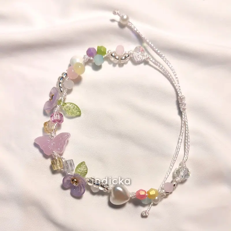Gelang Manik Kupu "Butterfly Era" Tali Serut Beads Bracelet Bead Bracelets Shine String Aesthetic Cottagecore Flower Blooming Floral Fairy untuk Cewek Cewe Wanita Perempuan Anak Remaja Dewasa Couple Bestie Kado Pacar Gift Plastik Kristal Bunga Women 5