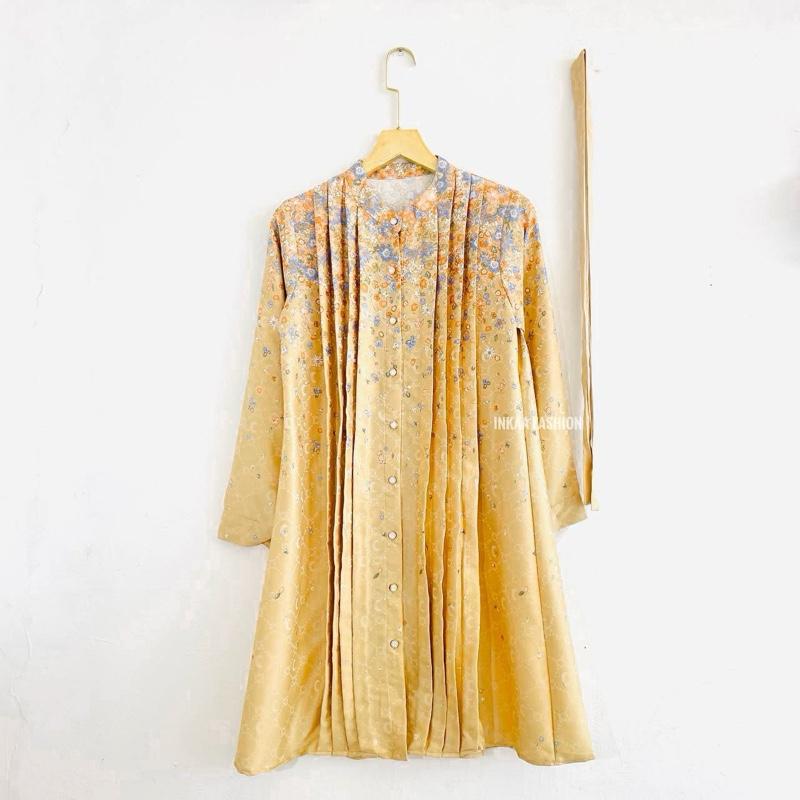 Tunik Lebaran Motif Muslim Panjang Busui ukuran Oversize Pakai Kancing Wanita Dress Etnik Bunga 2