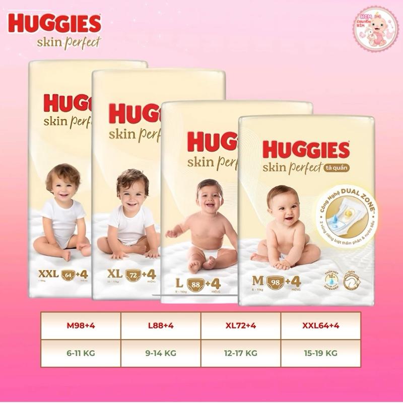 Tã quần Huggies Skin Perfect Mega Jumbo size M102 L92 XL76 XXL68 với 2 vùng thấm giảm kích ứng da
