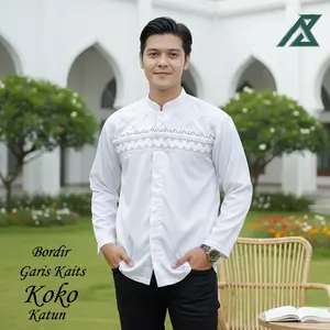 Baju Koko Pria Putih Bordir Katun Lengan Panjang Terbaru - M L XL XXL