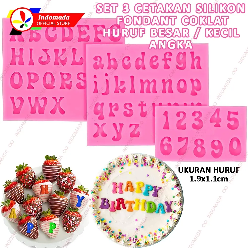 Indomada Cetakan Huruf Besar Kecil Angka Fondan Silikon Fondant Alphabet Numbers Silicone Mold Alfabet Ukiran Gumpaste Clay Hiasan Puding Coklat Dekorasi Kue