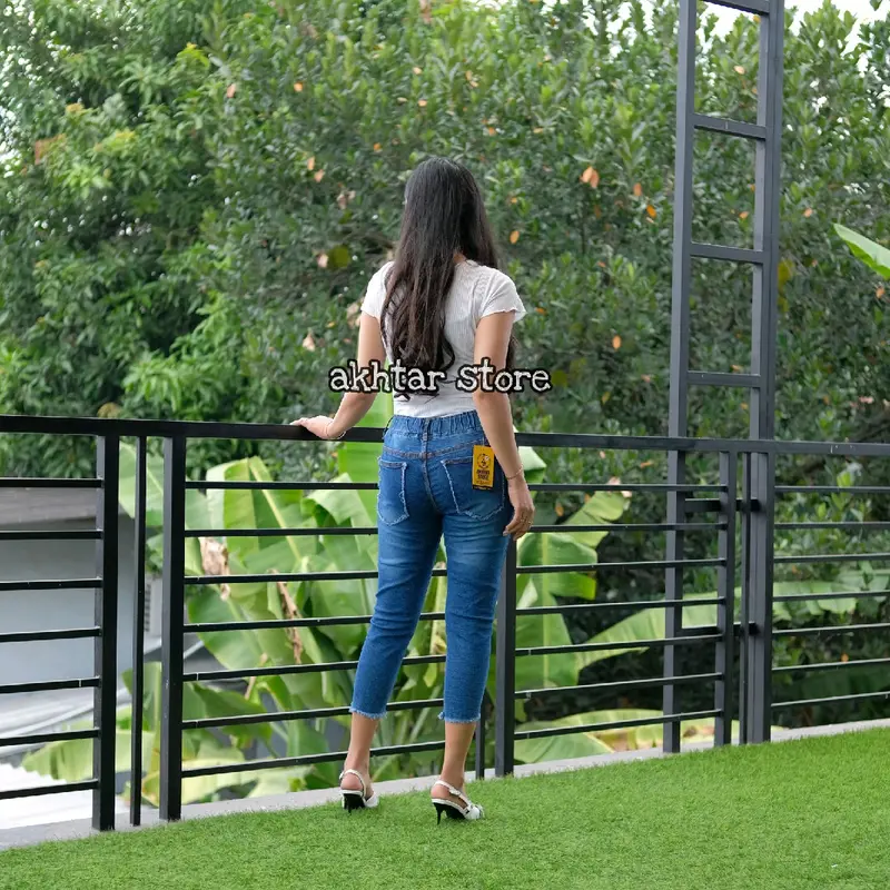 (AKHTAR-STORE) OLIVE JEANS 7/9 PINGGANG FULL KARET VARIASI KANCING AKTIF BAWAH RAWIS BAHAN TEBA HALUS LEMBUT MELAR Wanita Celana Tebal Hitam Dewasa Panjang Samping Kaki 7