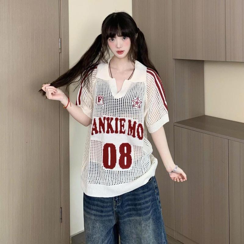 Áo Cổ Bẻ Áo Polo Lưới Đan Dệt Kim Phối Chữ 80 Dáng Rộng In Tay Kẻ Sọc Trẻ Trung Năng Động Dáng Thể Thao Thoáng Khí Oversize Cá Tính Unisex Hàng Qccc Camcloset