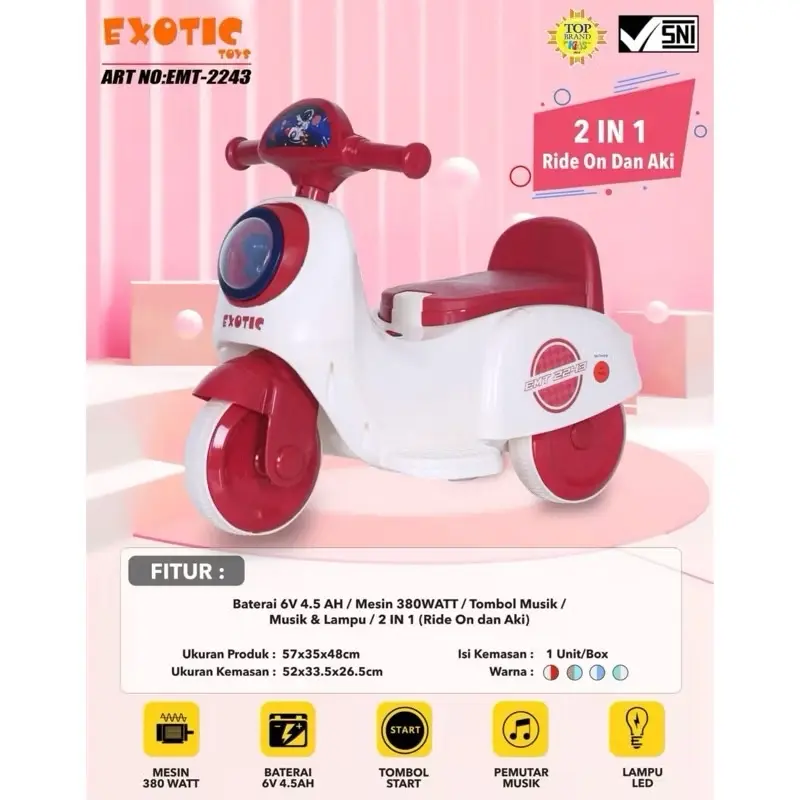 RECHARGEABLE MOTORCYCLE MAINAN MOTOR AKI VESPA ANAK AKI DAN MANUAL EMT 2243 2in1 NEW PRODUCT EMT2243 2